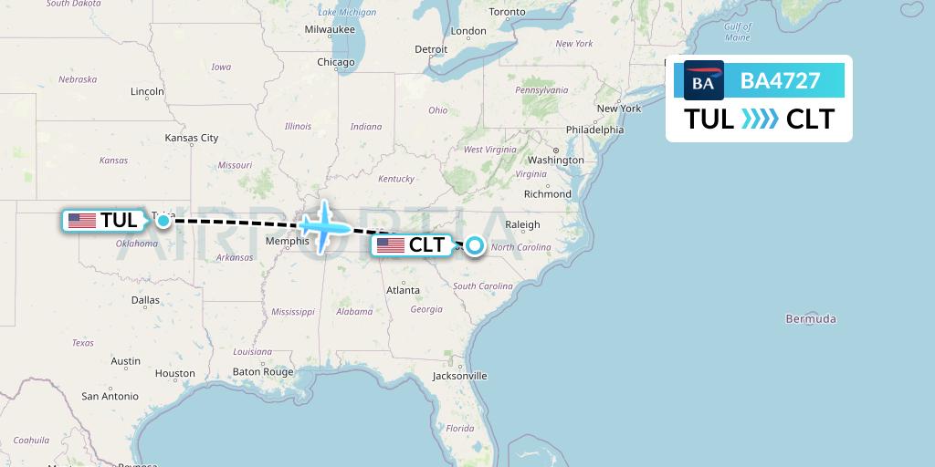 BA4727 British Airways Flight Map: Tulsa to Charlotte