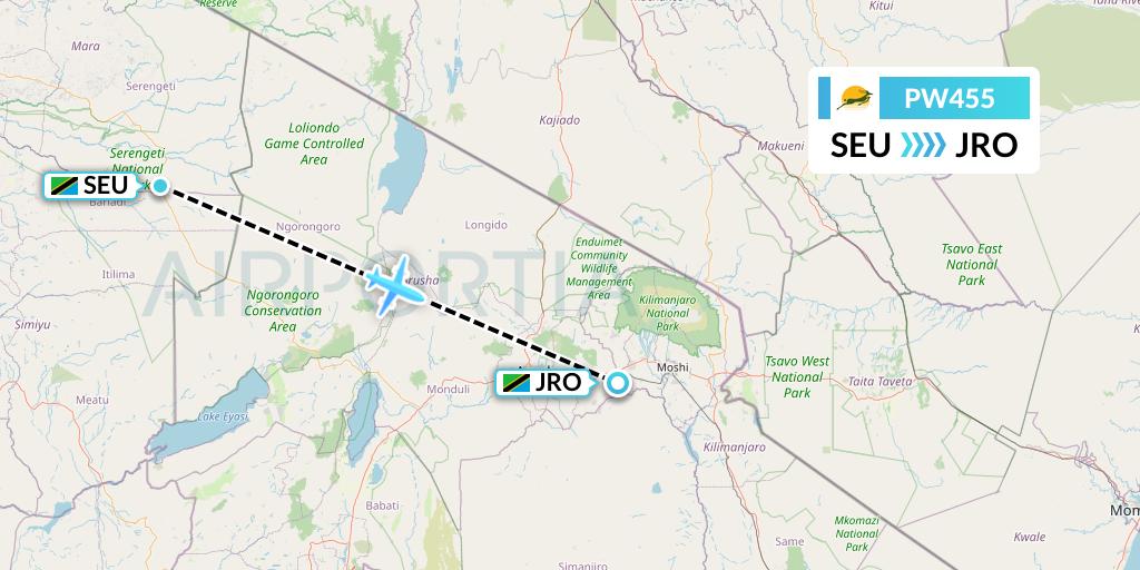 PW455 Precision Air Flight Map: Seronera to Kilimanjaro