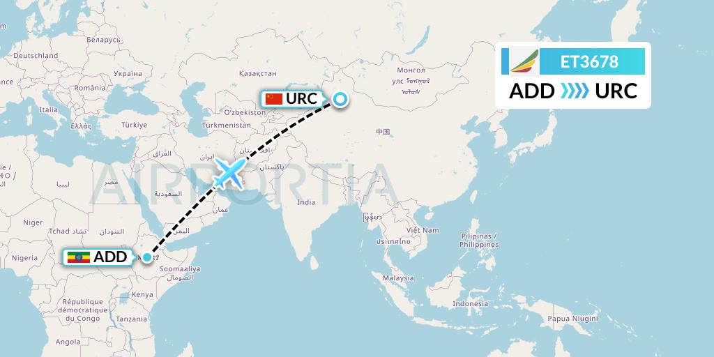 ET3678 Ethiopian Airlines Flight Map: Addis Ababa to Urumqi