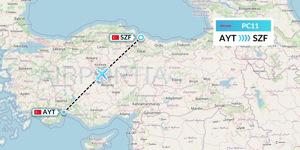 PC11 Pegasus Airlines Flight Map: Antalya to Samsun