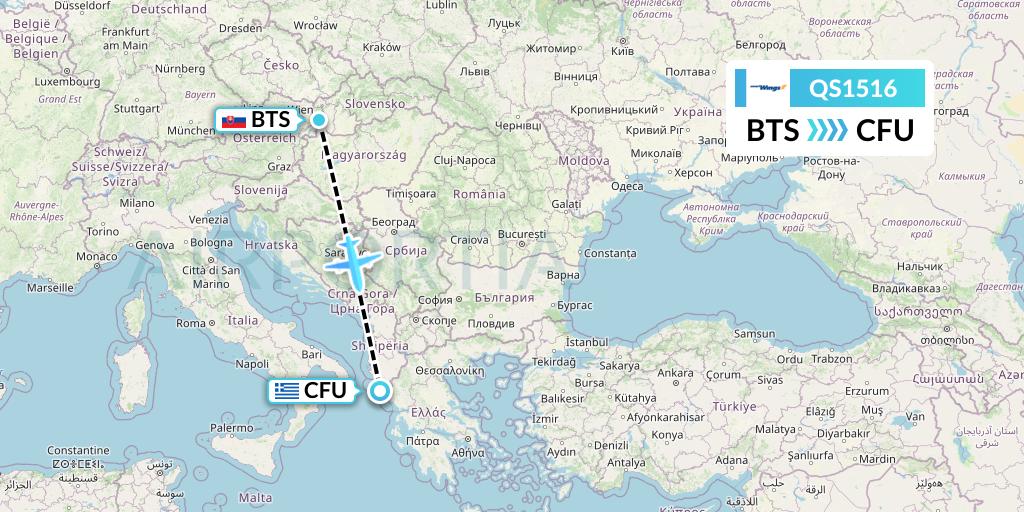 QS1516 Smartwings Flight Map: Bratislava to Corfu