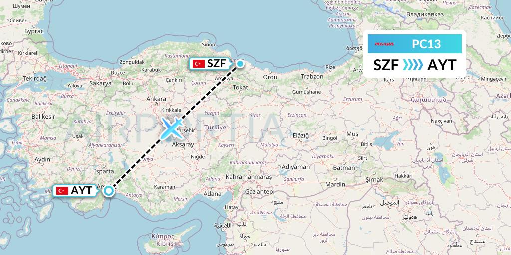PC13 Pegasus Airlines Flight Map: Samsun to Antalya