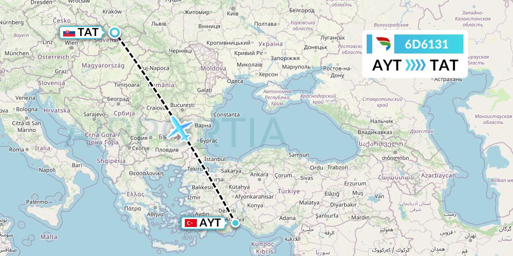 6D6131 Travel Service Slovakia Flight Map: Antalya to Poprad