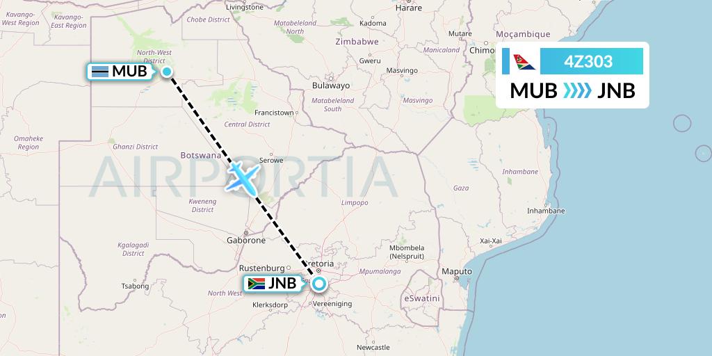 4Z303 Airlink Flight Map: Maun to Johannesburg