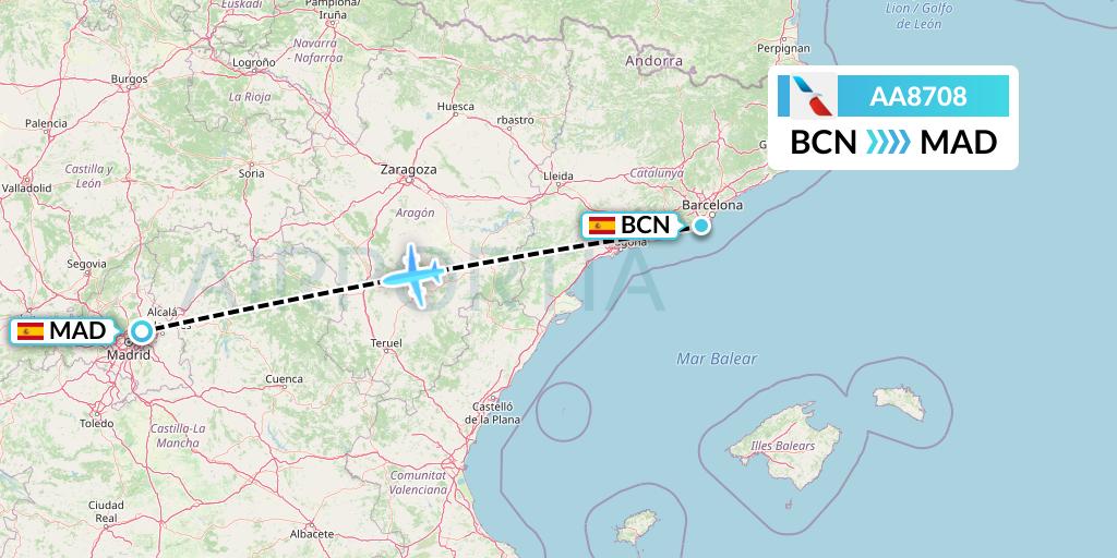 AA8708 American Airlines Flight Map: Barcelona to Madrid