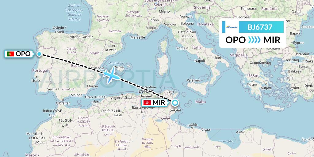 BJ6737 Nouvelair Tunisie Flight Map: Porto to Monastir