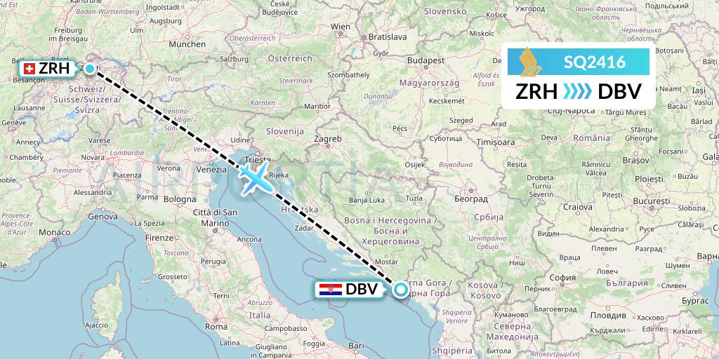 SQ2416 Singapore Airlines Flight Map: Zurich to Dubrovnik