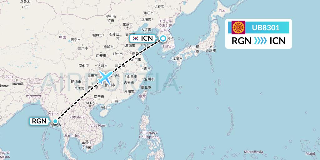UB8301 Myanmar National Airlines Flight Map: Yangon to Seoul