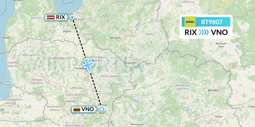 BT9807 Air Baltic Flight Map: Riga to Vilnius