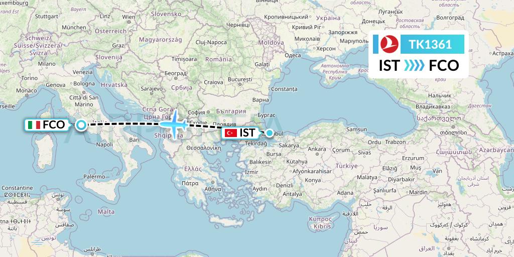 TK1361 Turkish Airlines Flight Map: Istanbul to Rome