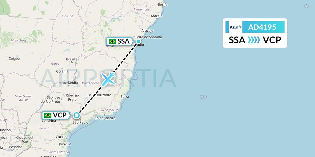 AD4195 Azul Brazilian Airlines Flight Map: Salvador to Campinas