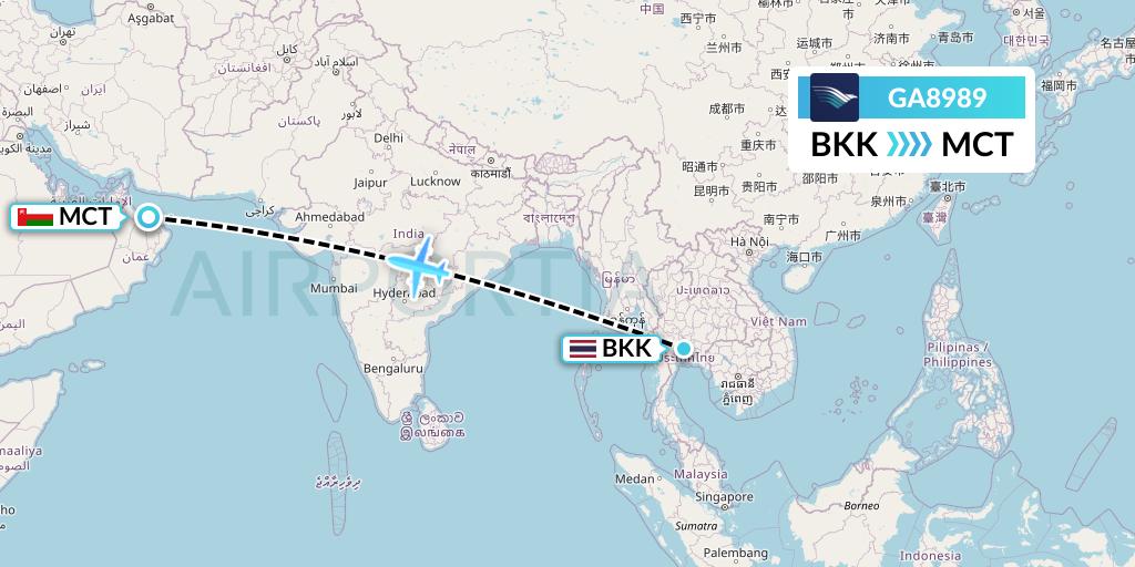 GA8989 Garuda Indonesia Flight Map: Bangkok to Muscat