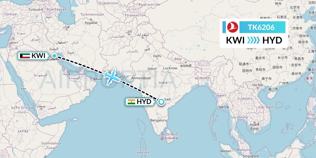 TK6206 Turkish Airlines Flight Map: Kuwait City to Hyderabad