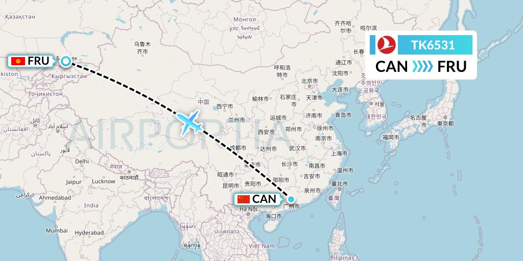 TK6531 Turkish Airlines Flight Map: Guangzhou to Bishkek