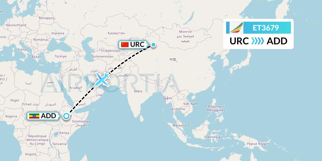 ET3679 Ethiopian Airlines Flight Map: Urumqi to Addis Ababa