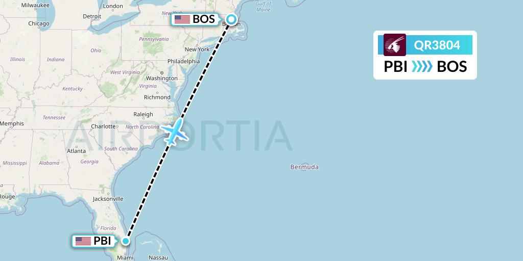 QR3804 Qatar Airways Flight Map: West Palm Beach to Boston
