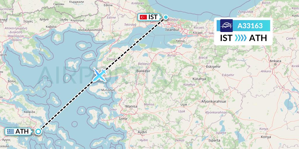 A33163 Aegean Airlines Flight Map: Istanbul to Athens