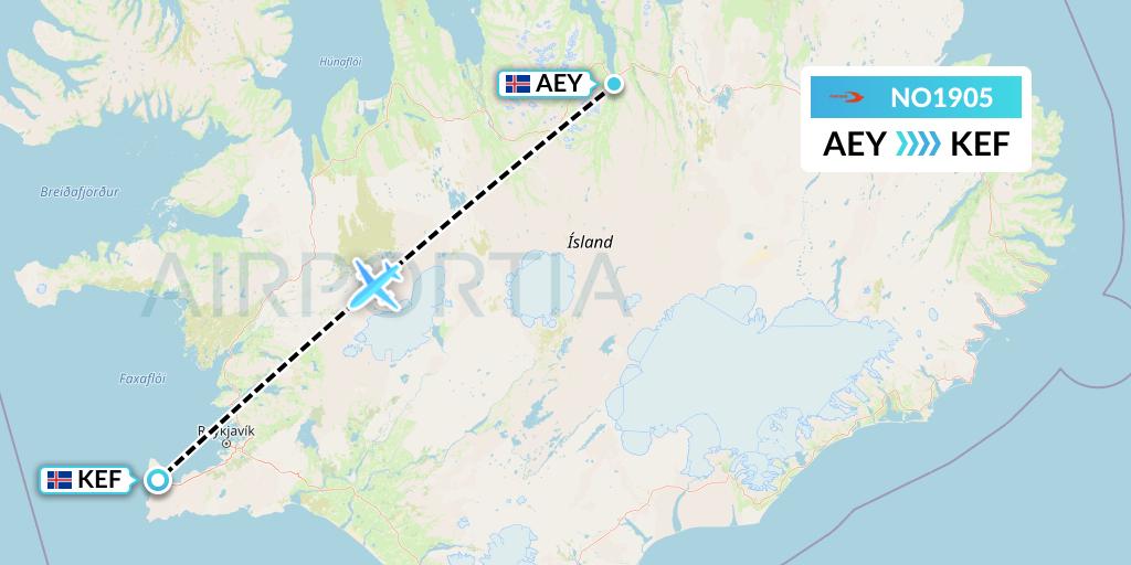 NO1905 Neos Flight Map: Akureyri to Reykjavik