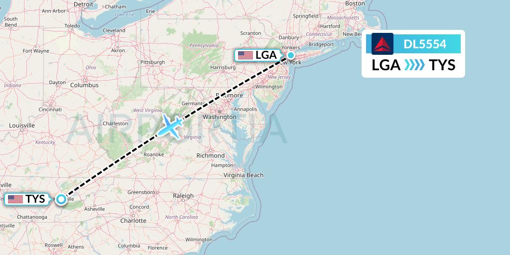 DL5554 Delta Air Lines Flight Map: New York to Knoxville