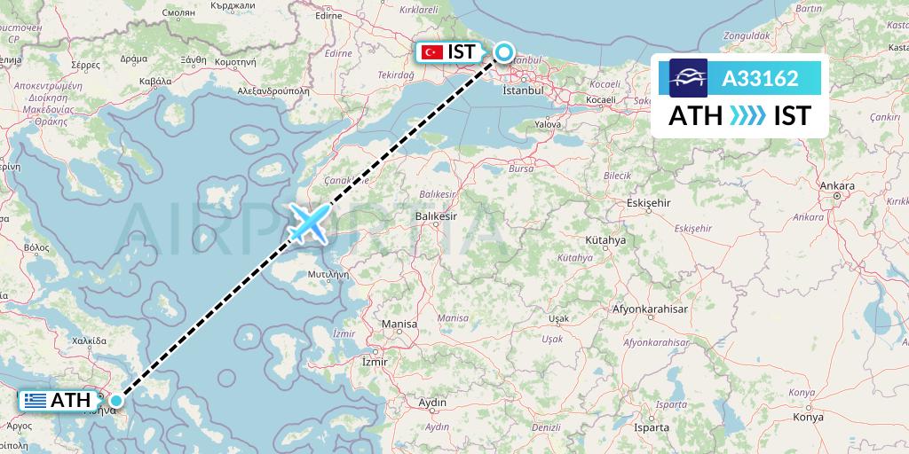 A33162 Aegean Airlines Flight Map: Athens to Istanbul