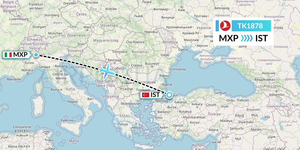 TK1878 Turkish Airlines Flight Map: Milan to Istanbul