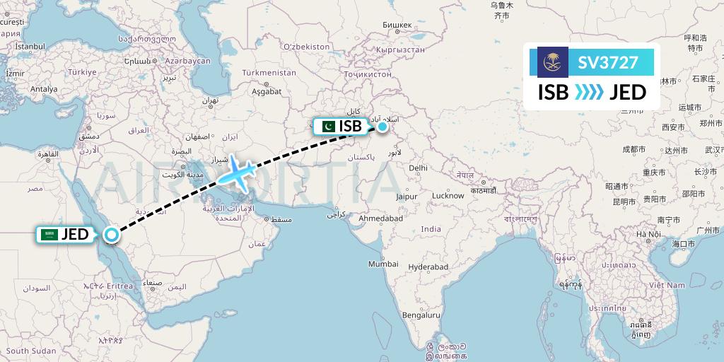 SV3727 Saudi Arabian Airlines Flight Map: Islamabad to Jeddah