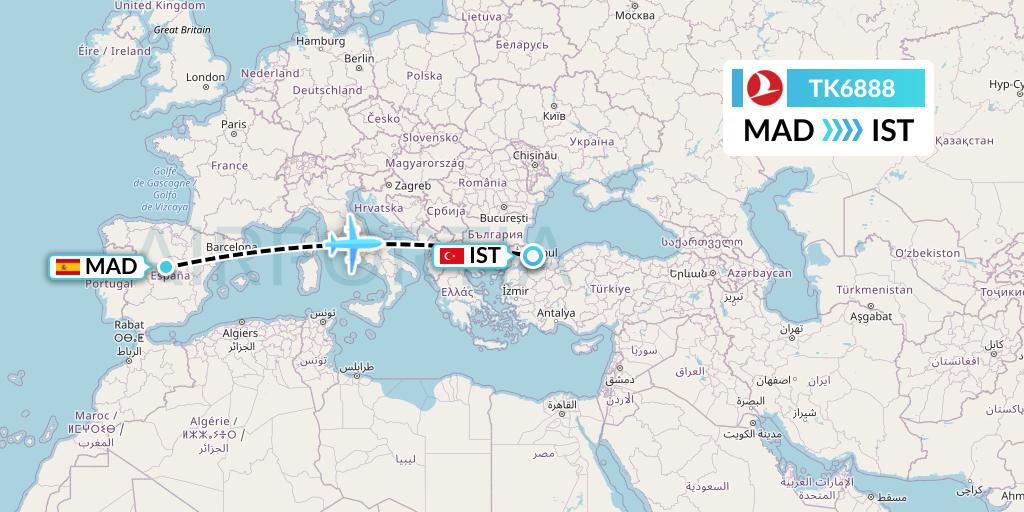 TK6888 Turkish Airlines Flight Map: Madrid to Istanbul
