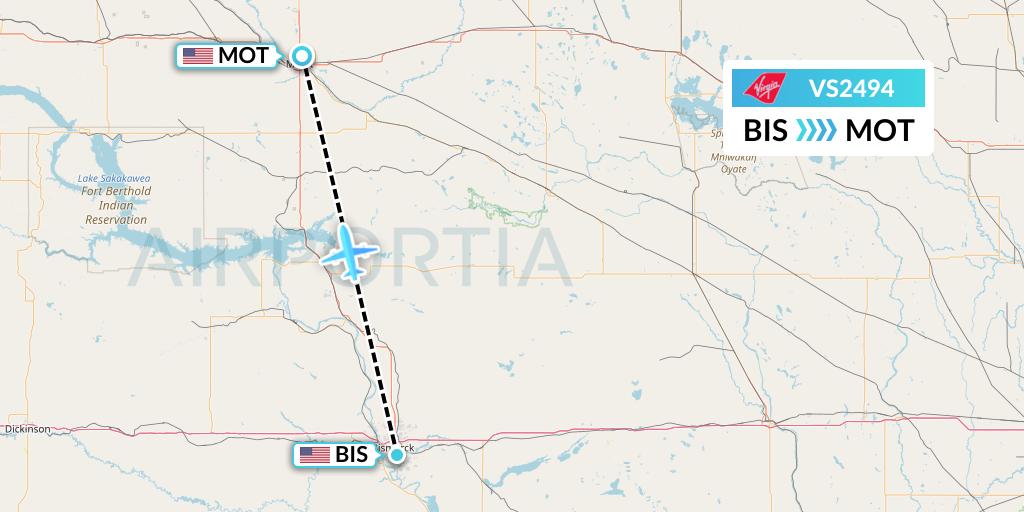 VS2494 Virgin Atlantic Airways Flight Map: Bismarck to Minot