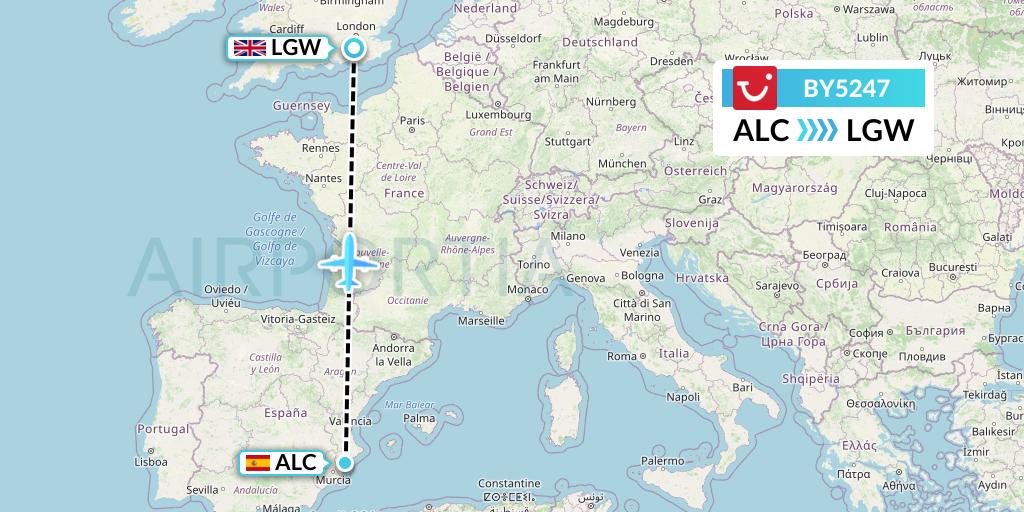BY5247 TUI Airways Flight Map: Alicante to London