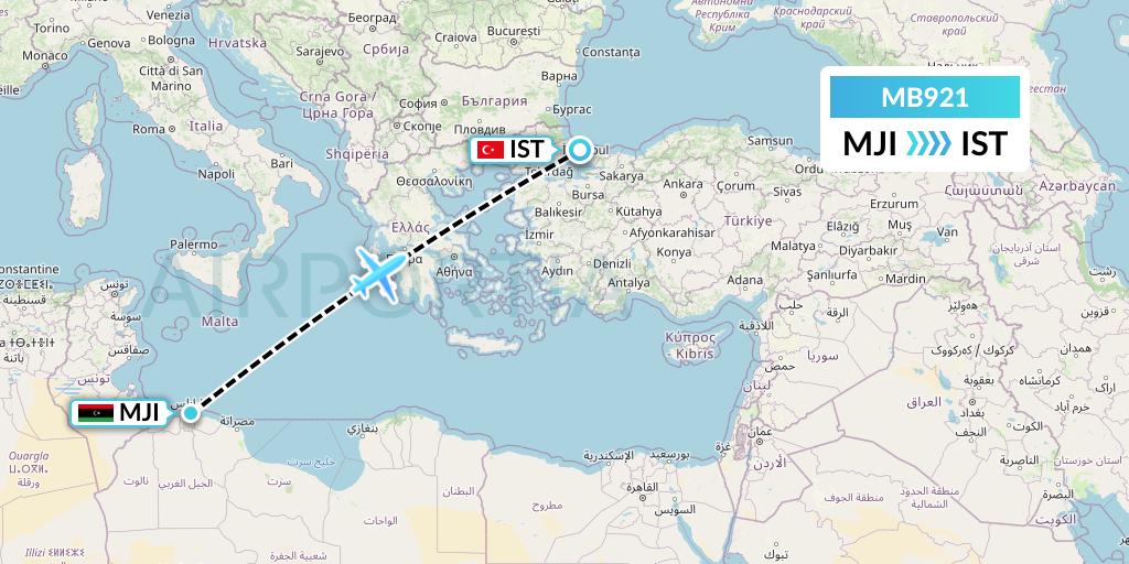 MB921 MNG Airlines Flight Map: Tripoli to Istanbul