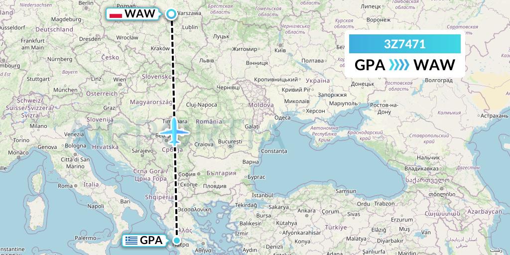 3Z7471 Travel Service Polska Flight Map: Patras to Warsaw