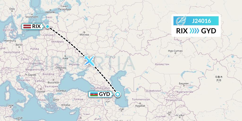 J24016 Azerbaijan Airlines Flight Map: Riga to Baku