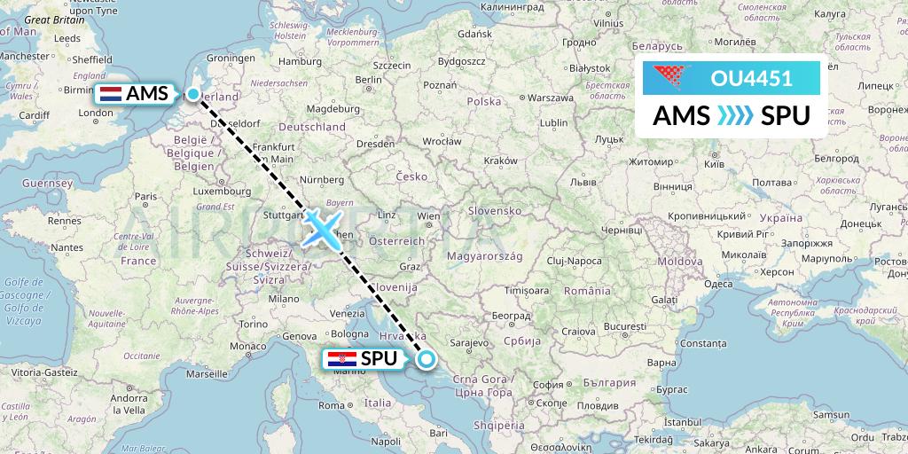 OU4451 Croatia Airlines Flight Map: Amsterdam to Split
