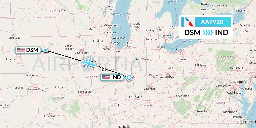 AA9928 American Airlines Flight Map: Des Moines to Indianapolis