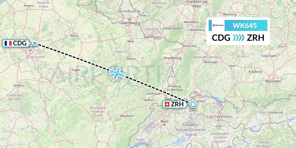 WK645 Edelweiss Air Flight Map: Paris to Zurich