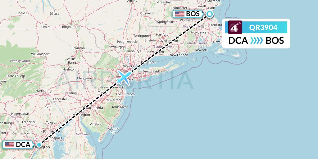 QR3904 Qatar Airways Flight Map: Washington to Boston