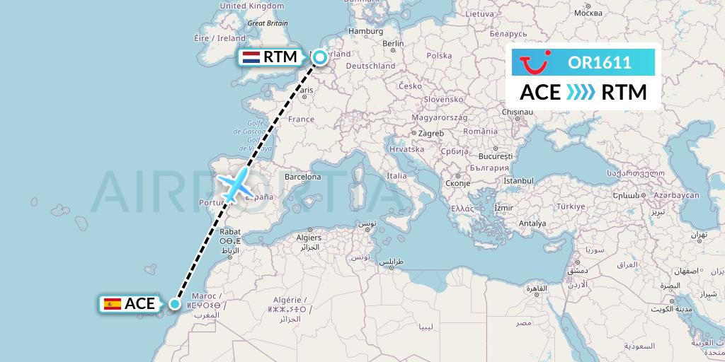 OR1611 TUI fly Netherlands Flight Map: Lanzarote to Rotterdam