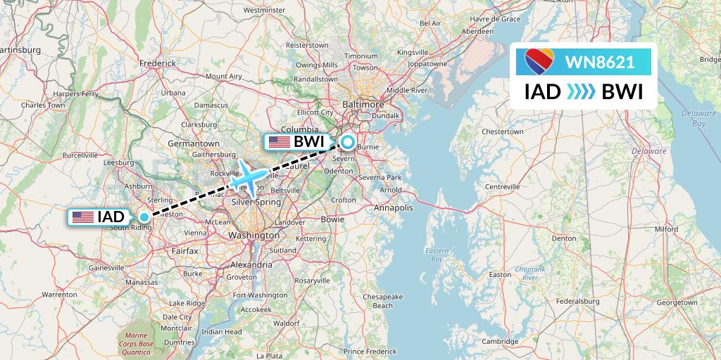 WN8621 Southwest Airlines Flight Map: Washington to Baltimore