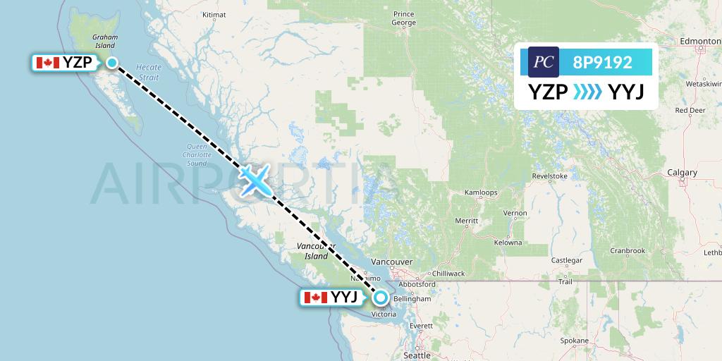 8P9192 Pacific Coastal Airlines Flight Map: Sandspit to Victoria