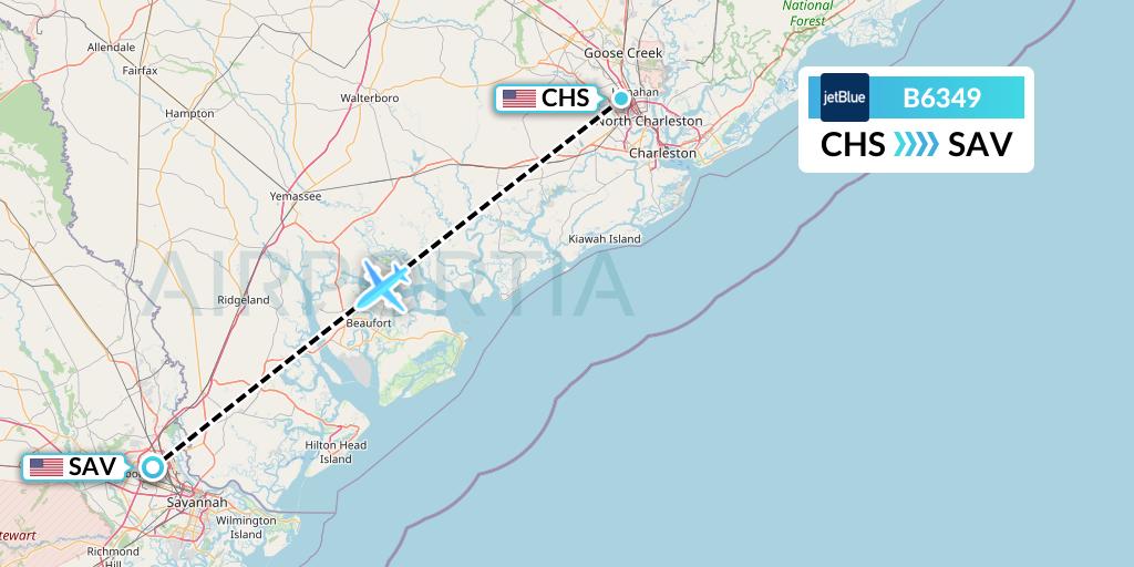 B6349 JetBlue Airways Flight Map: Charleston to Savannah