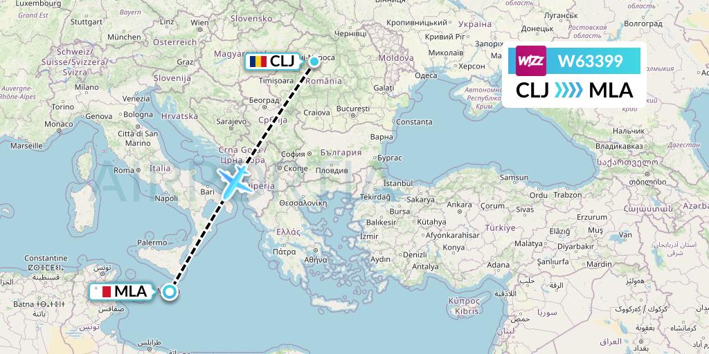 W63399 Wizz Air Flight Map: Cluj-Napoca to Malta