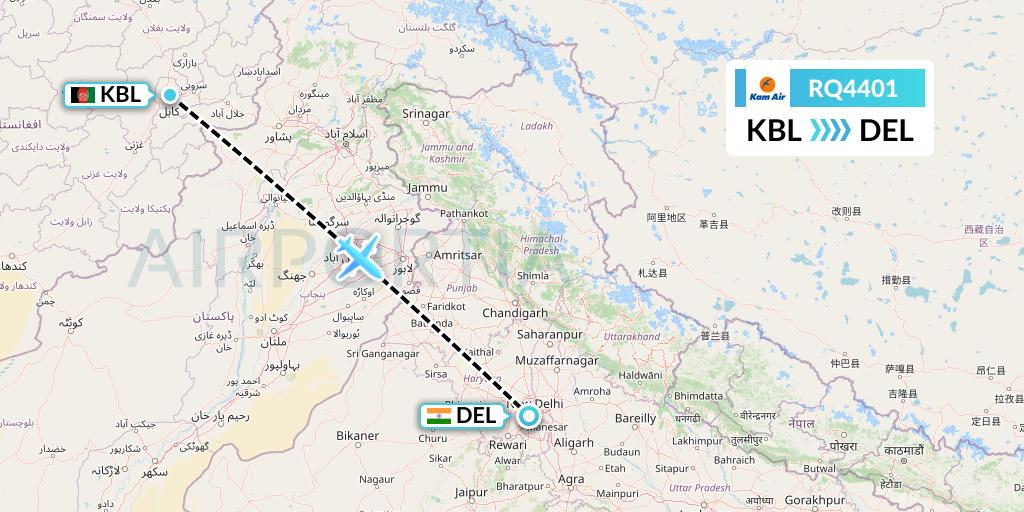 RQ4401 Kam Air Flight Map: Kabul to Delhi