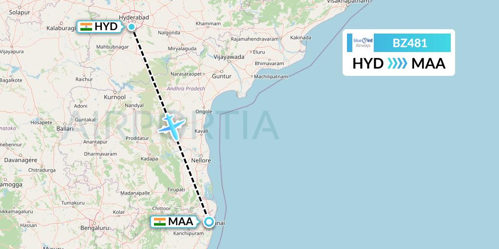 BZ481 Bluebird Airways Flight Map: Hyderabad to Chennai