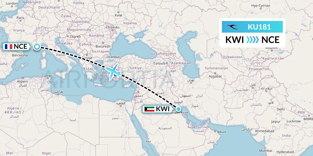 KU181 Kuwait Airways Flight Map: Kuwait City to Nice