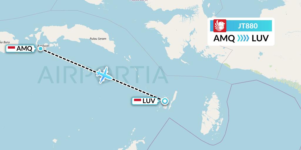 JT880 Lion Airlines Flight Map: Ambon to Langgur