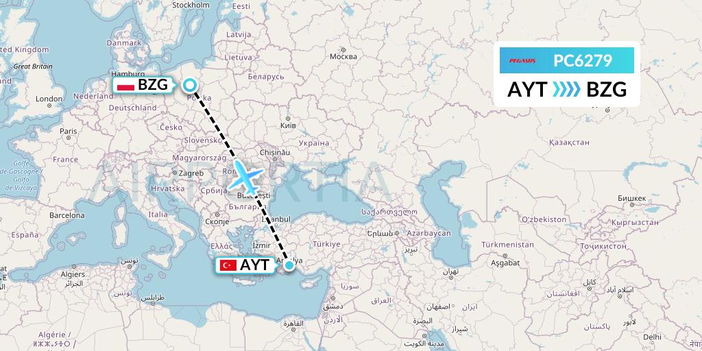 PC6279 Pegasus Airlines Flight Map: Antalya to Bydgoszcz