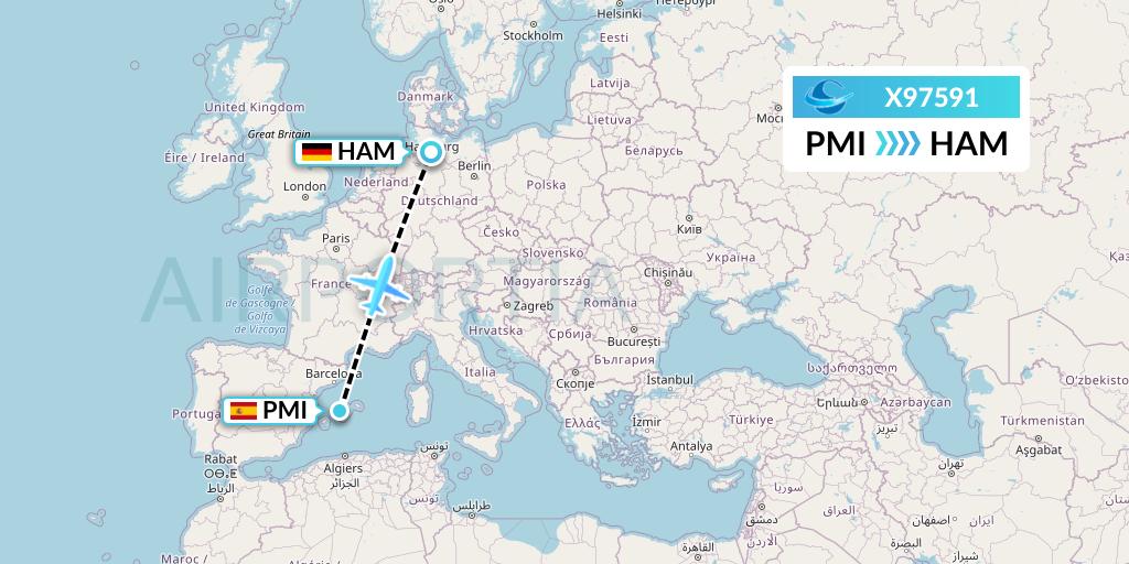 X97591 Avion Express Flight Map: Palma de Mallorca to Hamburg