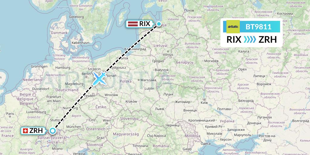 BT9811 Air Baltic Flight Map: Riga to Zurich