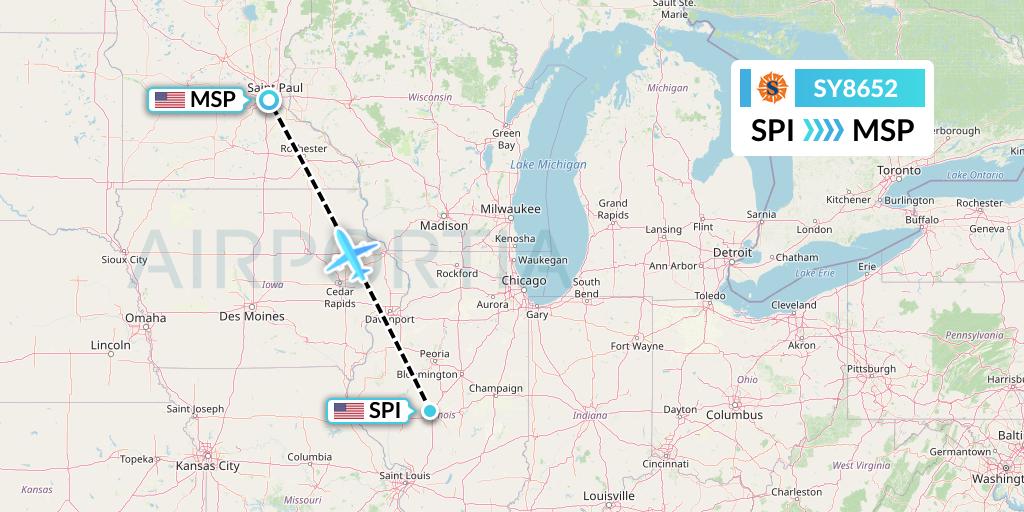 SY8652 Sun Country Airlines Flight Map: Springfield to Minneapolis