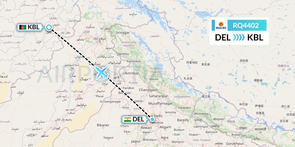RQ4402 Kam Air Flight Map: Delhi to Kabul